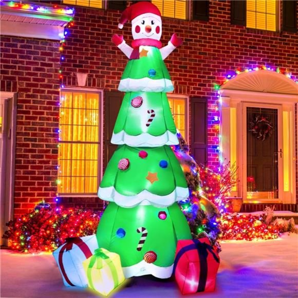 8 FT Christmas Inflatables Tree with Snowman and 3 Gift Boxes, LED Lights